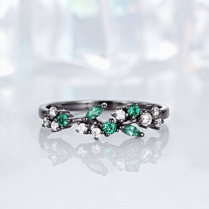 Rhodium Black Marquise Emerald Wedding Band, Emerald Engagement Ring, Black Gold Ring Enhancer Matching Band, Gothic Promise Ring for Women