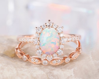 Vintage Oval Shape White Fire Opal and Diamond Halo Engagement Ring Set Rose Gold Floral Wedding Ring, Opal and Moissanite Promise Ring Gift