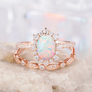 Vintage Oval Shape White Fire Opal and Diamond Halo Engagement Ring Set Rose Gold Floral Wedding Ring, Opal and Moissanite Promise Ring Gift