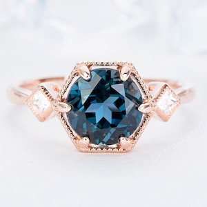 Vintage London Blue Topaz Engagement Ring, Round Cut November Birthstone Rose Gold Unique Promise Wedding Bridal Unusual Meaningful Mom Gift