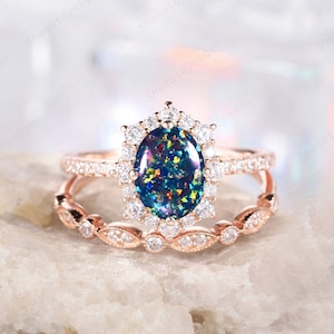 Vintage Oval Cut Black Fire Opal and Diamond Halo Wedding Ring Set, Rose Gold Floral Engagement Ring, Mixed Color Opal Promise Ring Gift her