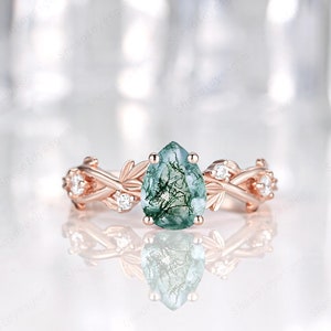Pear Cut Natural Moss Agate Diamond Engagement Ring, Rose Gold Nature inspired Twig Branch Wedding Ring, Silver Twist Promise Ring for Women