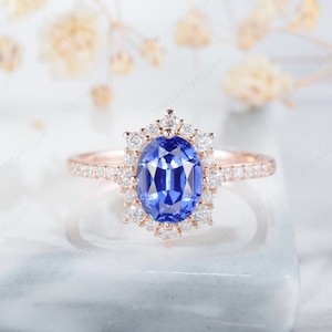 Oval Cornflower Blue Sapphire Engagement Ring,  Blue Sapphire Floral Wedding Ring, Unique 14K Rose Gold Sapphire Halo Promise Ring Gift