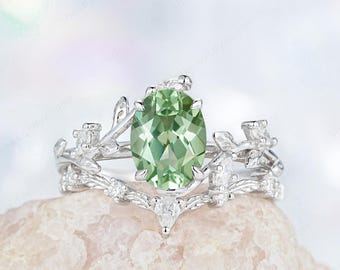 Vintage Light Teal Sapphire Engagement Ring Set, SIlver White Gold Oval Cut Bridal Set, Leaf Nature Inspired Promise Women Wedding Ring Gift