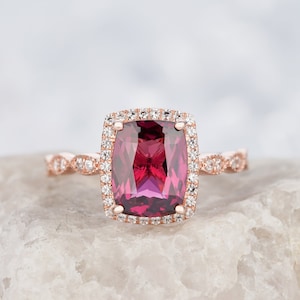 3 CT Vintage Natural Red Garnet and Diamond Engagement Wedding Ring, Rose Gold Cushion Garnet and Moissanite Promise Anniversary Halo Ring