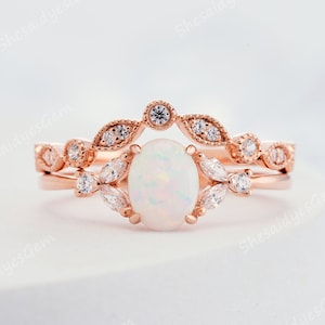 Vintage White Fire Opal Engagement Ring Set, 14K Rose Gold Opal and Diamond Bridal Set, Unique Oval Cut Wedding Ring Set Unusual Women Gift