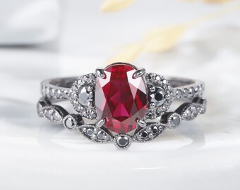 Vintage Rhodium Black Gold Vermeil Ruby Ring Set Black Moissanite July Birthstone Bridal Set Unique Oval Ruby Black Gold Promise Wedding Set