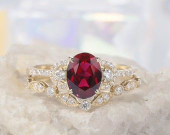 Oval Lab Ruby Ring Set, Vintage Yellow Gold Ruby and Diamond Engagement Wedding Promise Ring Set, Unique Moissanite Bridal Set Gift for Her