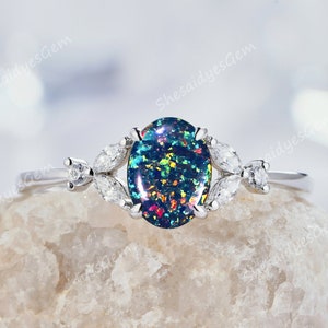 Vintage Oval Cut Black Fire Opal Engagement Ring, Unique Rose Gold Diamond Anniversary Ring, Mixed Fire Opal Wedding Promise Ring for Women