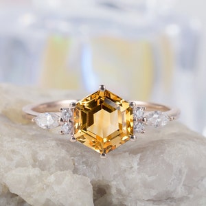 Vintage 1.5ct Hexagon Citrine Engagement Ring, Natural Citrine Wedding Ring,14K 18K Rose Gold Promise Anniversary Ring Gift for Women