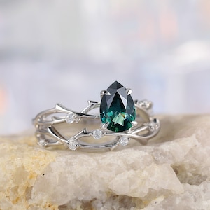 Vintage Teal Green Sapphire Diamond Engagement Ring Set Unique Pear Cut 14k White Gold Twig Twist Branch Wedding Bridal Set Promise Ring