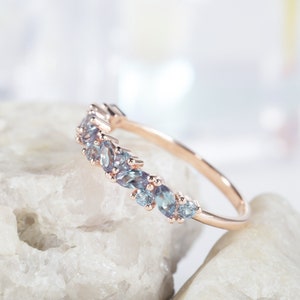 Vintage Marquise Alexandrite Wedding Band, Unique Half Eternity Stackable 14k Rose Gold Alexandrite Matching Band, Engagement Promise Ring