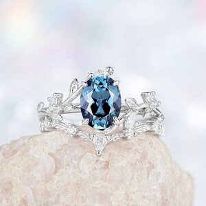 Platinum Oval Cut Alexandrite Leaf Engagement Ring Set, Unique Twig Branch Wedding Set, June Birthstone Bridal Set, White Gold Promise Ring