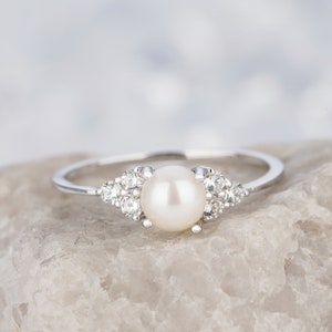 Dainty Round Seawater Pearl and Diamond Engagement Ring, White Gold June Birthstone Pearl Promise Proposal Anniversary Ring Gift For Women