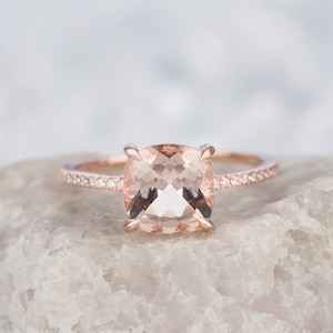 Vintage 2 Carat Cushion Cut Pink Morganite Engagement Ring 14K Rose Gold Promise Hidden Halo Wedding Diamond Moissanite Ring Gift for Women