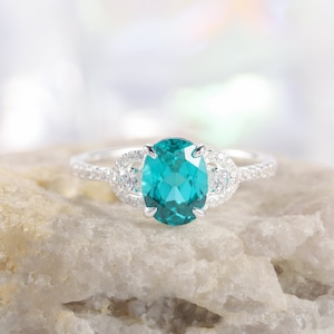 Vintage Oval Cut Neon Blue Paraiba Tourmaline Engagement Ring, White Gold Greenish Blue Tourmaline Wedding Promise Diamond Ring for Women