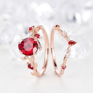 Round Cut Ruby Engagement Ring Set, Rose Gold July Birthstone Handmade Jewelry, Leaf Inspired Wedding Band, Promise Bridal Gifts for Women