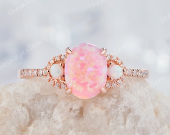 Vintage Pink Fire Opal and Diamond Engagement Ring, Cute 14K Rose Gold Silver Oval Shape Opal Wedding Anniversary Promise Ring Gift for her