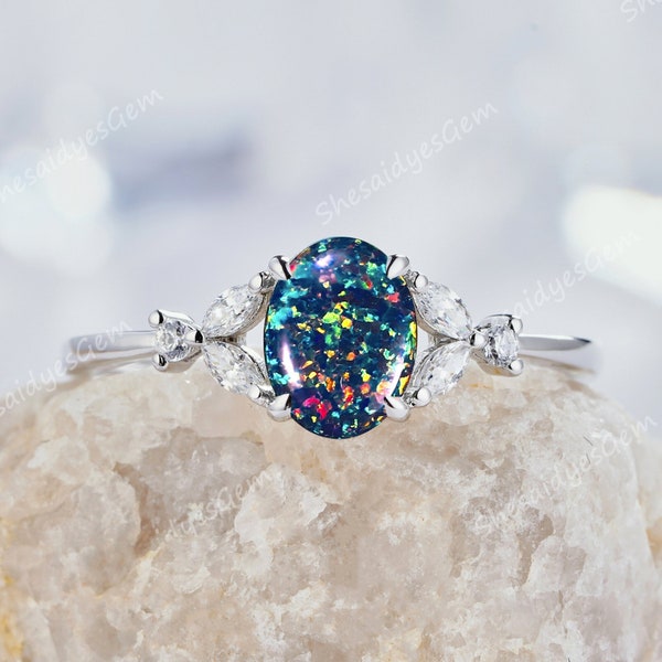 Vintage Oval Cut Black Fire Opal Engagement Ring, Unique Rose Gold Diamond Anniversary Ring, Mixed Fire Opal Wedding Promise Ring for Women