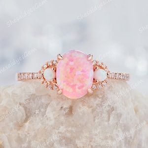 Vintage Pink Fire Opal and Diamond Engagement Ring, Cute14K Rose Gold Silver Oval Shape Opal Wedding Anniversary Promise Ring Gift for her