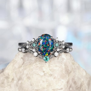 Oval Shape Facet Black Opal Engagement Ring Set, Black Gold Nature Inspired Floral Wedding Ring, Witchy Promise Anniversary Ring for Women