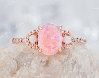 Vintage Pink Fire Opal and Diamond Engagement Ring, Cute 14K Rose Gold Silver Oval Shape Opal Wedding Anniversary Promise Ring Gift for her
