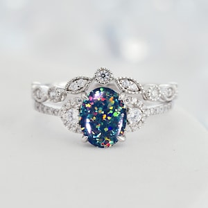 Vintage Multi Fire Black Opal Wedding Ring Set,14K White Gold Oval Shape Mixed Color Opal Floral Bridal Set, Sparkle Opal Promise Ring Gift