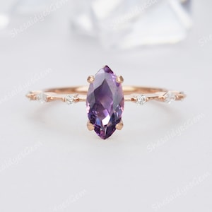 Vintage Marquise Cut Purple Amethyst Engagement Ring, Unique Hidden Halo Rose Gold /Silver Anniversary Promise Ring for Best Friend Women