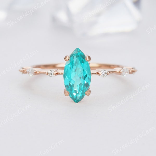 Vintage Marquise Blue Paraiba Tourmaline Engagement Ring, Unique Hidden Halo Rose Gold Neon Blue Tourmaline Anniversary Promise Ring for Her