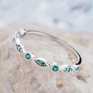 14K White Gold Emerald Wedding Band, Milgrain Half Eternity Emerald Anniversary Matching Band Engagement Promise Ring Enhancer Stacking Band