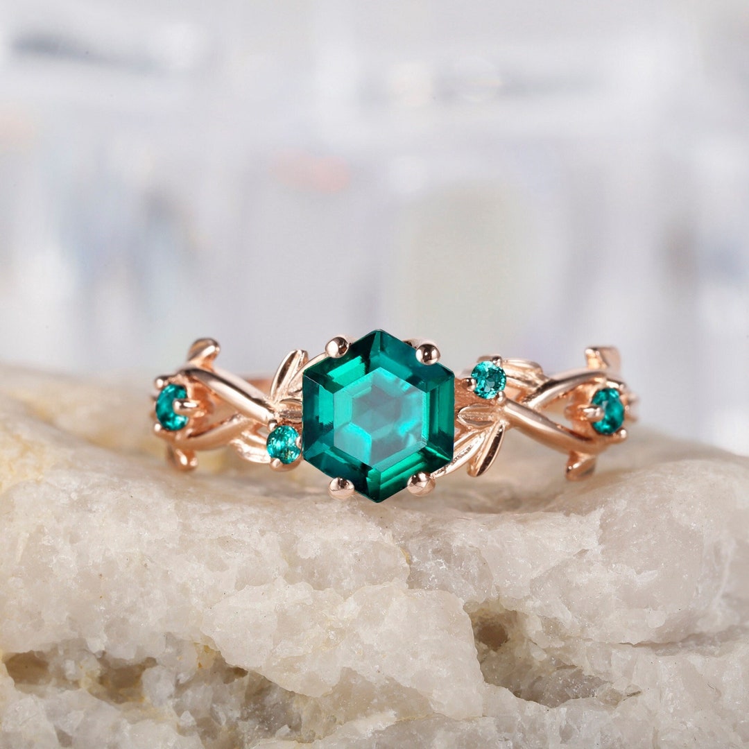 Leaf Hexagon Lab Emerald Engagement Ring Twist Branch Emerald Etsy
