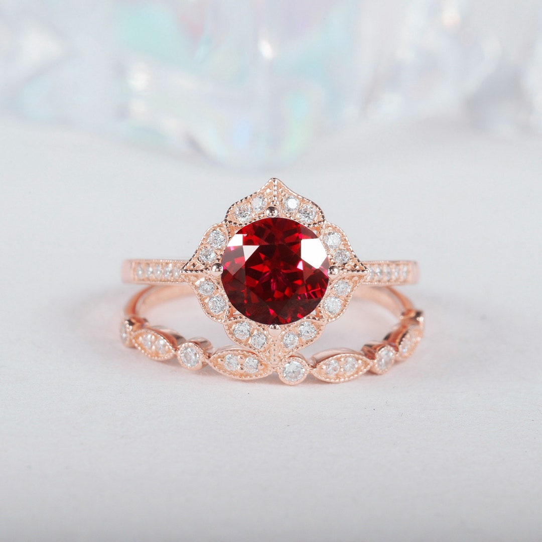Ruby Rings Set Round Cut Ruby Engagement Ring Set, Rose Gold Ruby and Diamond Halo ...