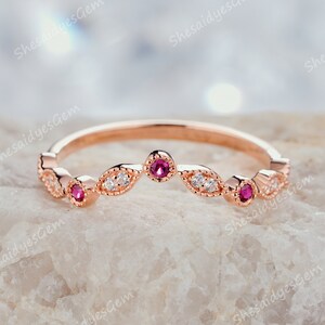 Dainty Ruby Engagement Band, Rose Gold Wedding Band, Half Eternity Marquise Ring, V Shaped Matching Milgrain Ring, Curved Matching Band