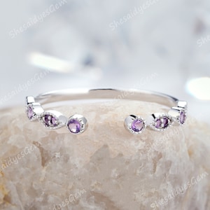 Unique Open Gap Amethyst Wedding Band, 14k White Gold Amethyst Matching Band, Silver Half Eternity Engagement Band Anniversary Ring for Her