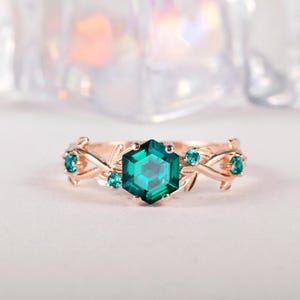 Leaf Hexagon Cut Emerald Engagement Ring, Twist Branch Emerald Wedding Ring, Vintage Rose Gold May Birthstone Twig Promise Ring Gift for Her