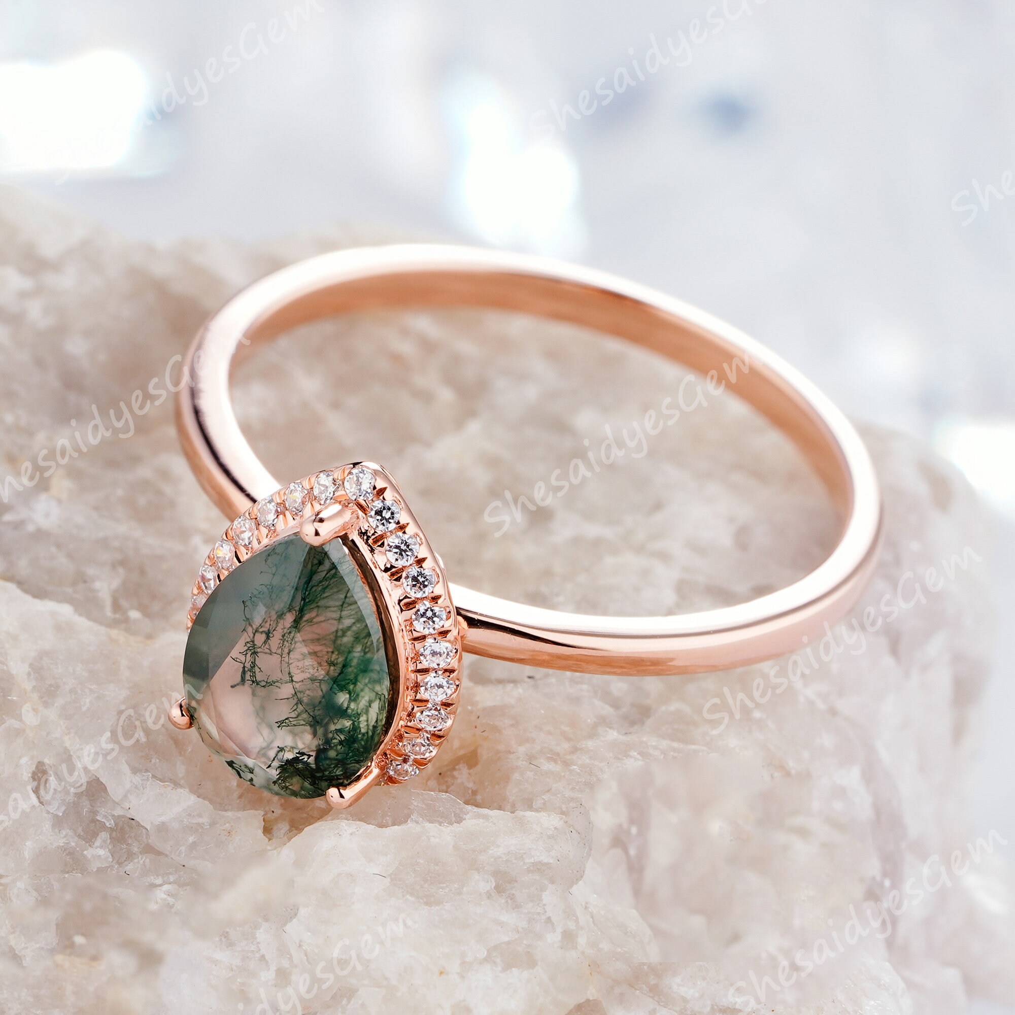 Antique 1.2ct Moss Agate Engagement Ring 14K Rose Gold Diamond | Etsy