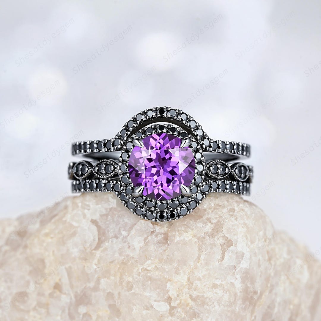 3PCS Gothic Round Amethyst Engagement Ring, Witchy Halo Black Gold ...
