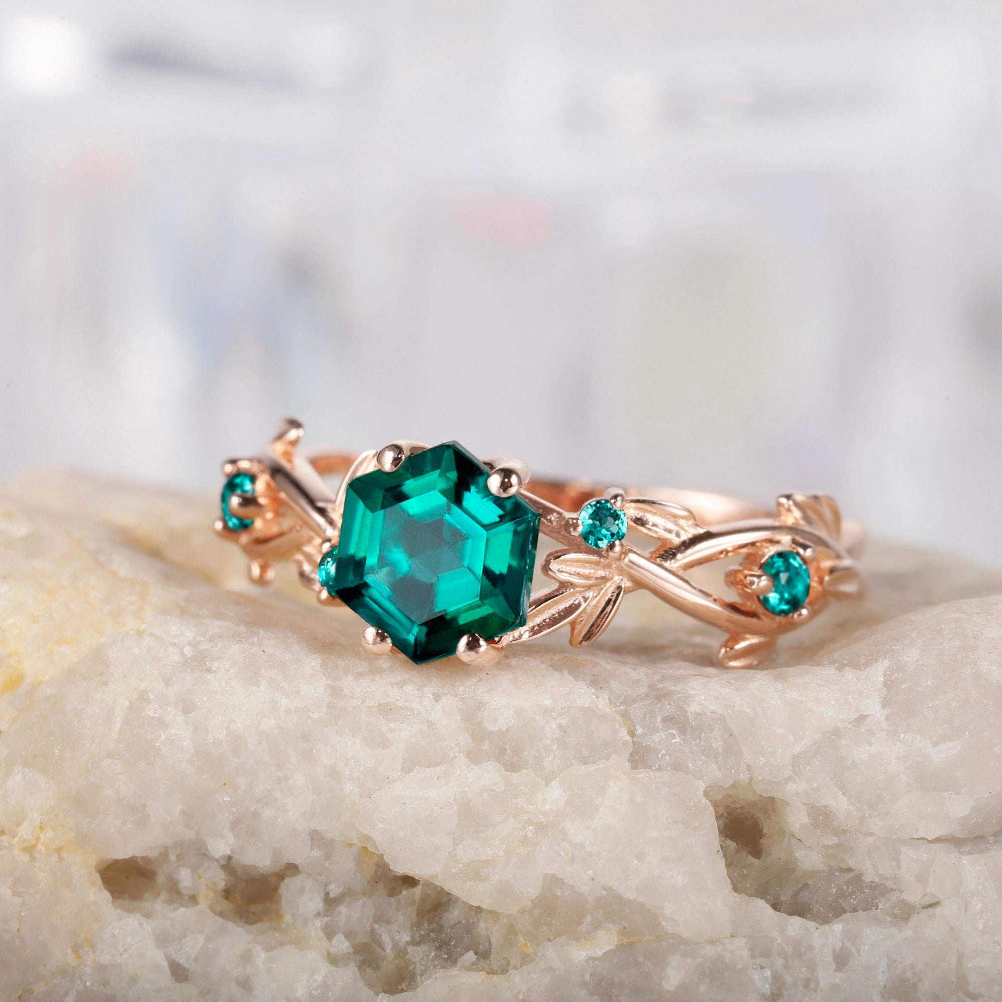 Leaf Hexagon Cut Emerald Engagement Ring Twist Branch Emerald