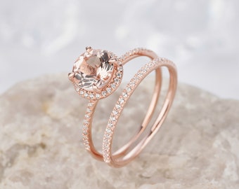 Vintage Round Pink Morganite and Diamond Engagement Ring Set, 14K Rose Gold Morganite Wedding Set, Morganite Halo Bridal Set, Promise Ring