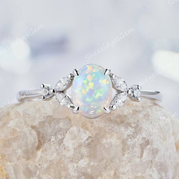 Vintage Oval Natural Australian Blue Opal and Diamond Engagement Ring, Unique 14K White Gold Moissanite Promise Wedding Ring Gift for Women