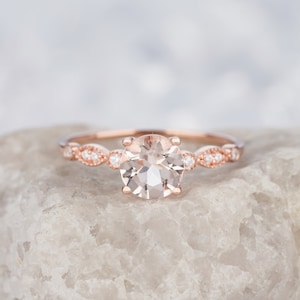 Vintage Natural Pink Morganite Diamond Engagement Wedding Ring14K 18K Rose Gold Round Cut Promise Anniversary Ring Meaningful Gift for Women