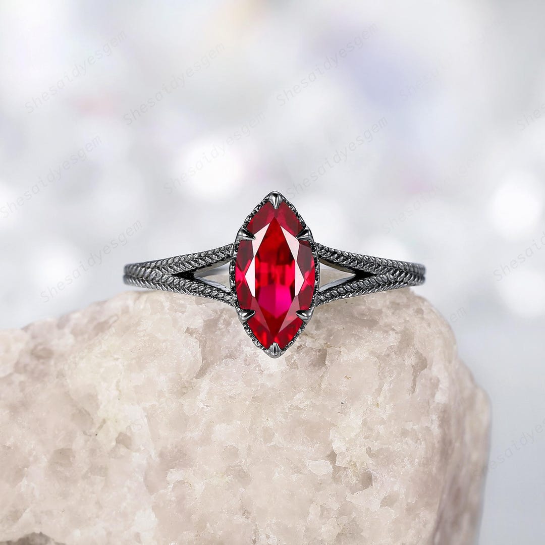 Gothic Marquise Ruby Split Shank Leaf Engagement Ring Set, Witchy Black ...