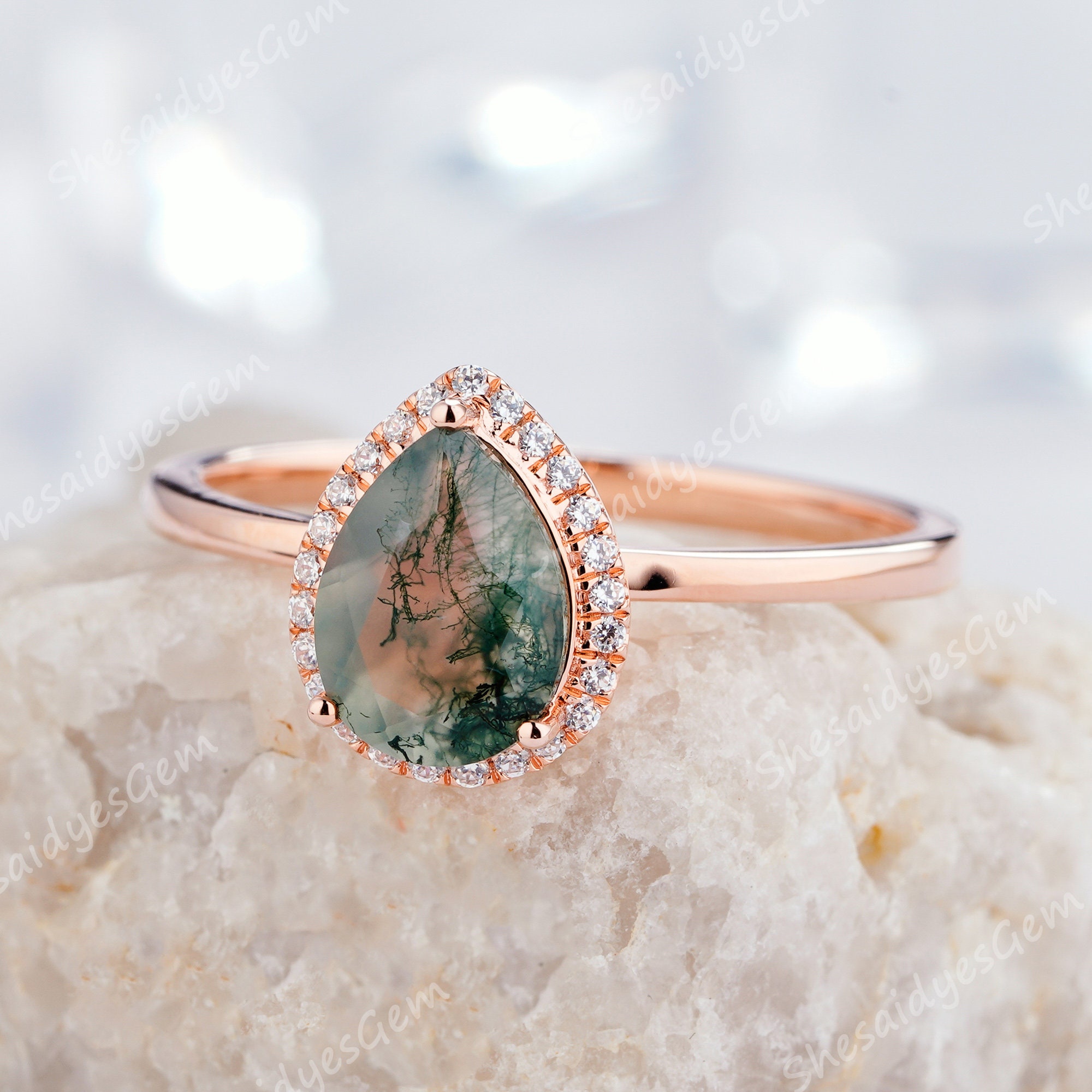 Antique 1.2ct Moss Agate Engagement Ring 14K Rose Gold Diamond | Etsy