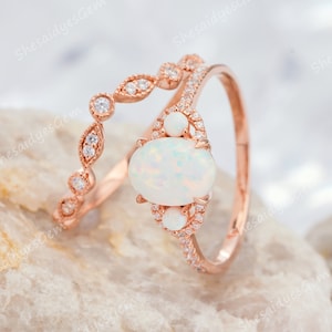 Vintage Oval Cut White Fire Opal Engagement Ring Set, 14k Rose Gold Diamond Wedding Set, Moissanite Promise Ring Bridal Set Gift for Women
