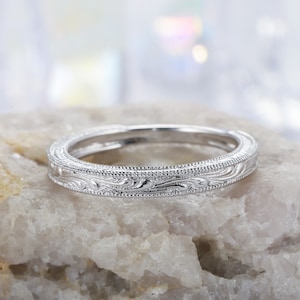 Vintage Filigree Silver Wedding Band,14K White Rose Plain Gold Matching Band , Floral Milgrain Straight Band Unique Ring Enhancer for Women