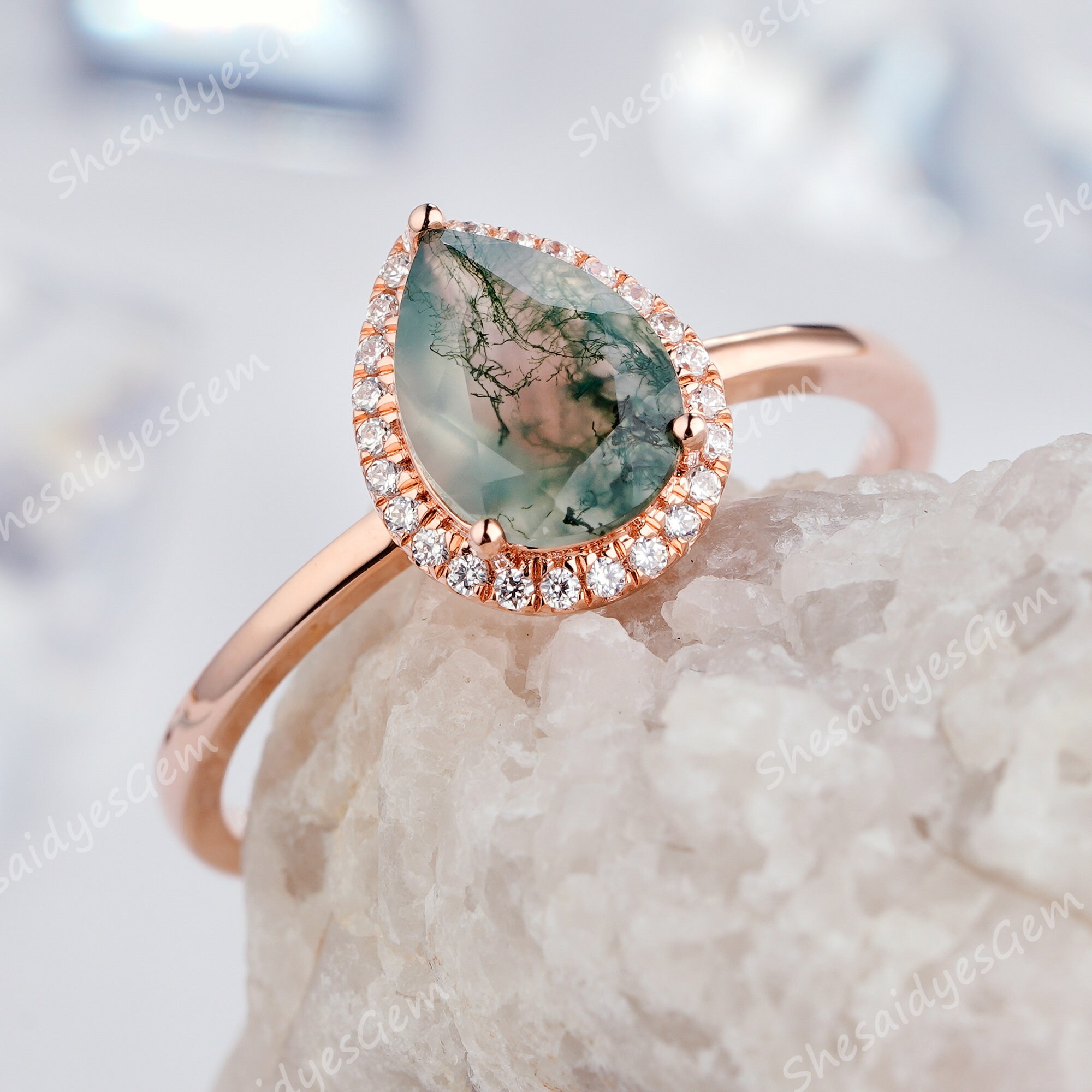 Antique 1.2ct Moss Agate Engagement Ring 14K Rose Gold Diamond | Etsy