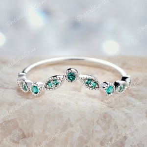 Curved Emerald Wedding Band, V Shape Half eternity Emerald Matching Band, White Gold Wedding Ring,  Silver Promise Engagement Ring for her