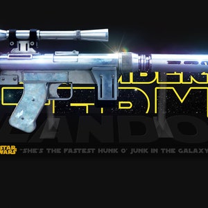 May include: A silver and blue blaster rifle with a scope, set against a black background with the words "DEN LANDO" in yellow neon. The Star Wars logo and quote "She's the fastest hunk o' junk in the galaxy!" are also present.