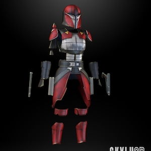 May include: A disassembled Mandalorian Super Commando armor set in red and black with a weathered finish. The armor is 1:12 scale and includes a helmet, chest plate, shoulder pads, arms, legs, and weapons. The armor is ready to be printed using 3D printing technology.