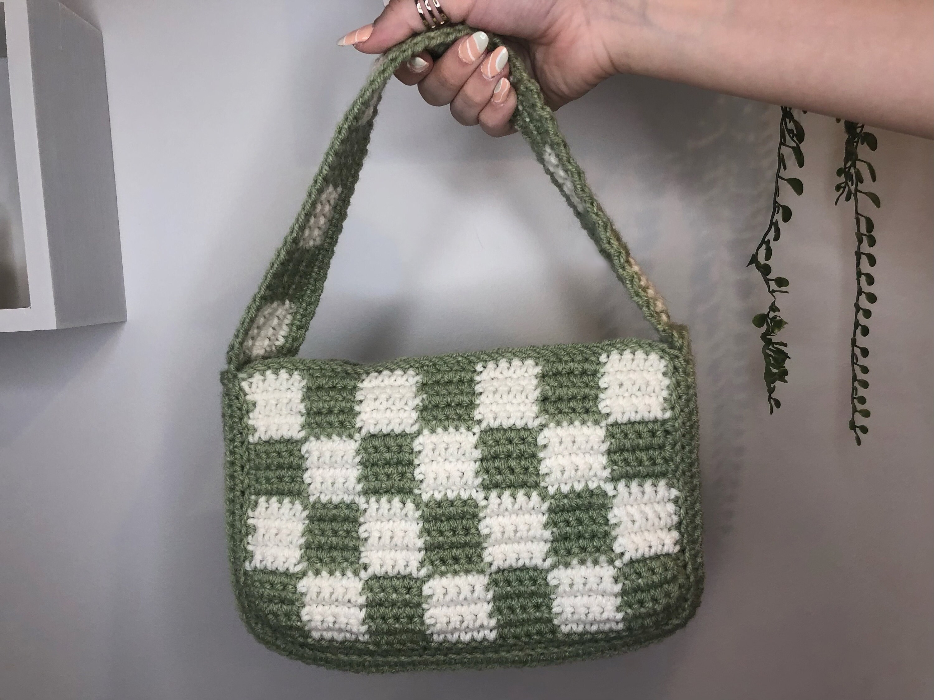 Crochet Checkerboard Handbag Y2K 90s Shoulder Bag Purse Checkerboard Print  WITH MAGNETIC CLOSURE 